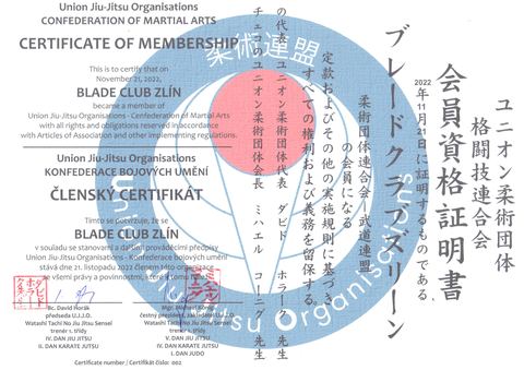 Union Jiu-Jitsu Organisations membership certificate issued to Blade Club Zlín on 21 November 2022